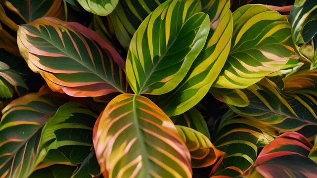 The intricate patterns of a variegated prayer plant its leaves seemingly painted with brushstrokes.