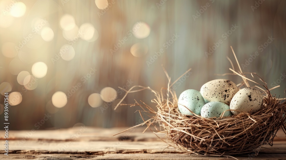 Canvas Prints Rustic wooden background with Easter eggs nest blurred background of Happy Easter card