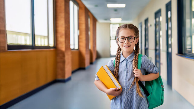 CRIAN&Ccedil;A, MENINA, CARREGANDO CADERNOS E COM A MOCHILA NAS COSTAS NO CORREDOR DE ESCOLA ELEMENTAR