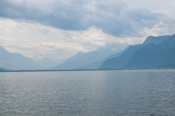 Panorama of town of Vevey and Lake Geneva,  Switzerland