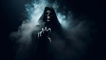 Fototapeta premium Grim reaper reaching towards the camera isolated on smoky scary dark background Halloween poster idea. 