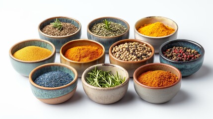 Various colorful spices in ceramic bowls, essential ingredients for flavorful dishes
