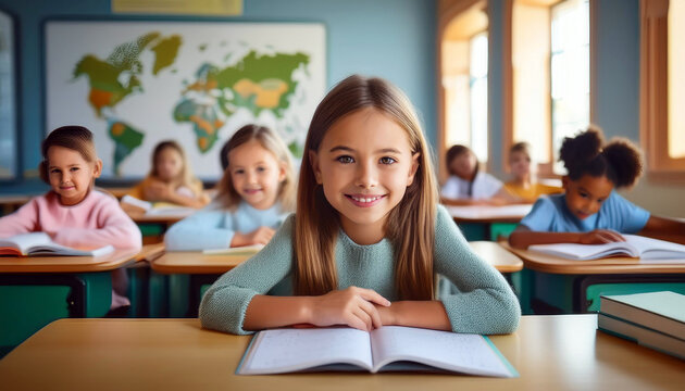 CRIAN&Ccedil;A, MENINA, ESTUDANDO E FAZENDO TAREFA EM SALA DE AULA
