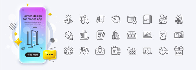 Graph laptop, Open door and Select alarm line icons for web app. Phone mockup gradient screen. Pack of Best result, Approved agreement, Copy documents pictogram icons. Vector