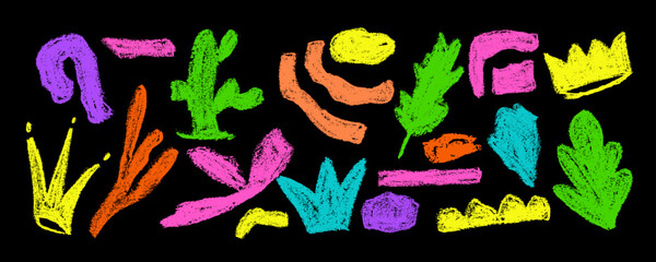 Set colorful  shapes geometric abstract sticker pack in trendy retro   style. Waves,  star, bubble, funky flower,  leaves, shapes with wavy and spiral elements Vector illustration.