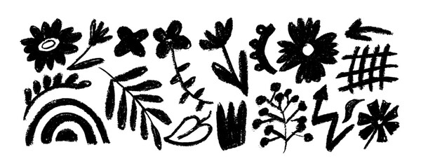 Fototapeta premium Collection of hand drawn charcoal doodle shapes and squiggles in childish girly style. Pencil drawings isolated on white. Crown, arrow, flower, rainbow, heart and grid doodle collage elements. 