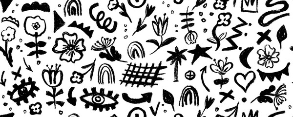Trendy floral and geometric seamless pattern for fabric design. Flowers in Japanese style black and white texture. Summer vector illustration. Abstract grunge texture. Hand drawn brush pattern.