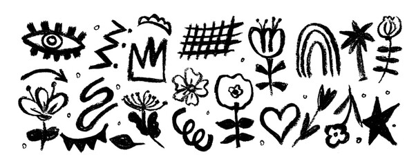 Set of fun childish line doodles. Brush drawn hearts, eyes, diamonds, crown, flowers, arrows and squiggles. Sketch style hand drawn icons for collages, decoration, ads, prints, branding.