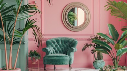Elegant pastel pink interior with green velvet armchair, plants, and mirror