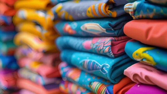 A stack of colorful souvenir tshirts featuring the aquariums logo.