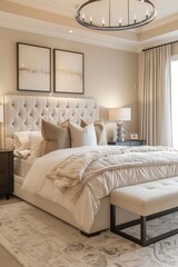 A bedroom with a white bed, white curtains, and a white headboard