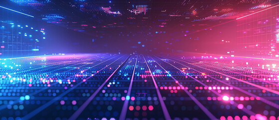 Fototapeta premium Abstract glowing background with neon lights and particles