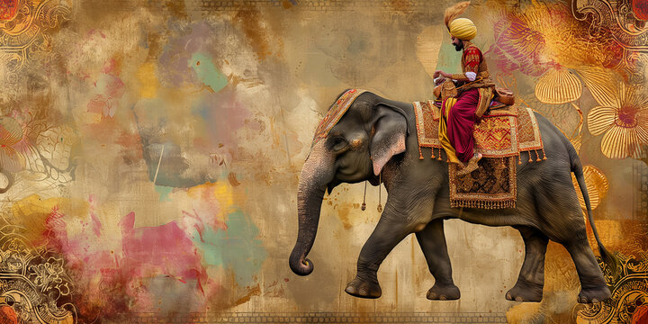 Indian maharaja riding decorated elephant in procession on grunge background