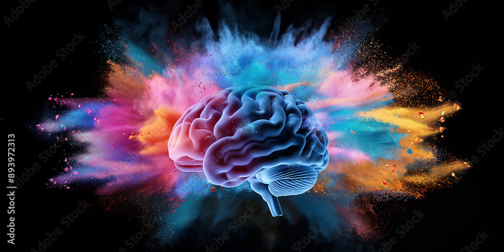 Poster human brain exploding with colorful powder paint