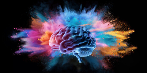 Fototapeta premium Human brain exploding with colorful powder paint