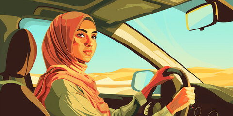 Young muslim woman driving a car in the desert