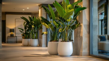 Large leafed plants in white pots by hotel lobby entrance