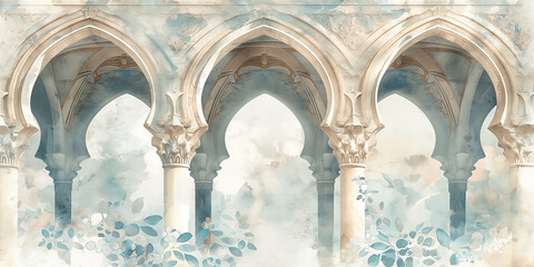 Watercolor painting depicting tranquil moorish arches with lush greenery