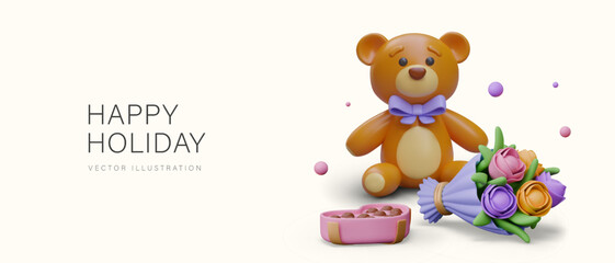 Fototapeta premium Happy holiday concept. Cute teddy bear, bouquet of flowers, box of chocolates