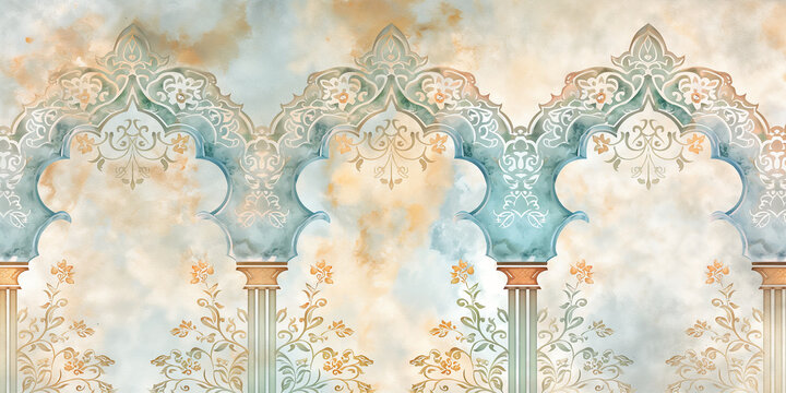 Watercolor mughal inspired floral arches creating a serene atmosphere