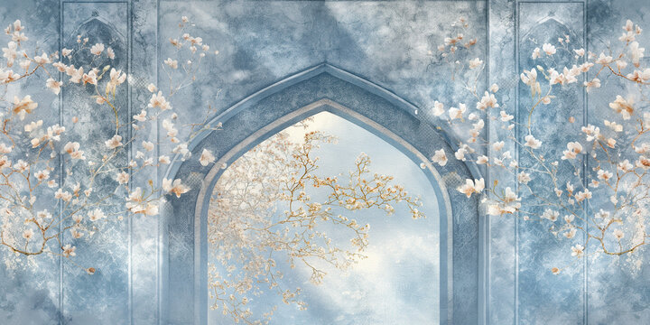 Blooming magnolia tree branches framing an oriental arch entrance