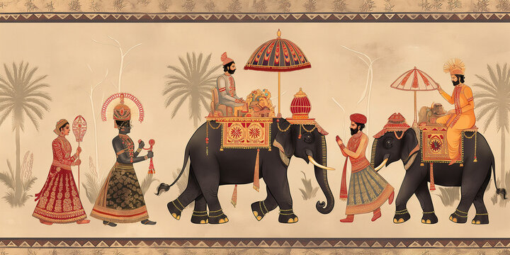 Indian mughal miniature painting depicting a maharaja procession with elephants and attendants
