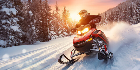Man riding snowmobile on snowy trail at sunset in forest