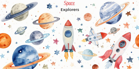 Watercolor rocket ships exploring planets and stars seamless pattern