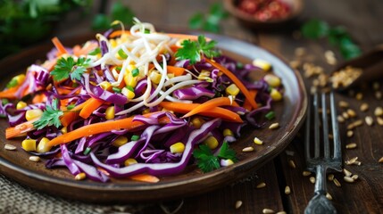 Fresh red cabbage vegetable salad with carrots onions corn mung sprouts on plate with wooden backdrop