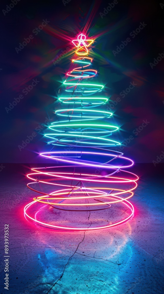 Canvas Prints a neon christmas tree with a star on top