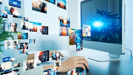  パソコンを使う女性と映像ネットワークイメージ