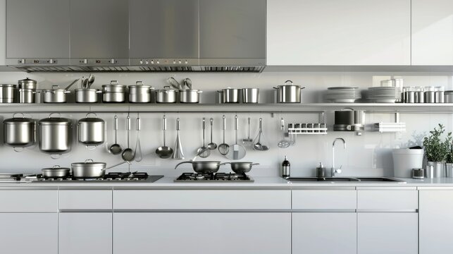 A modern kitchen featuring stainless steel appliances and utensils arranged on shelves a counter and hanging racks