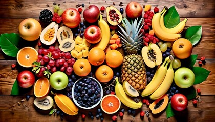 Assorted fruit: apples, oranges, bananas, grapes, berries, pieces of papaya and pineapple, chopped mango, chopped passion fruit on oak wooden background. Rustic, vibrant colours, high contrast