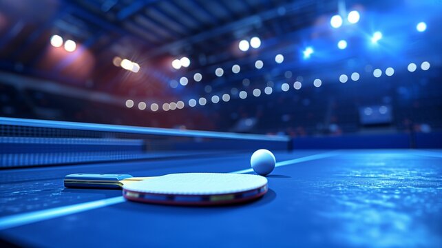 A blue table tennis setup with a white ball in an illuminated aren