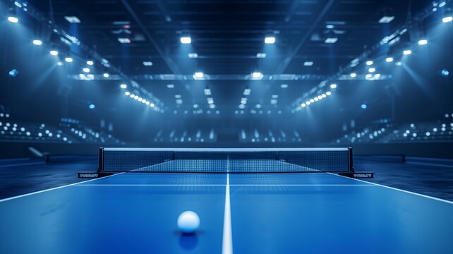 A blue table tennis setup with a white ball in an illuminated aren