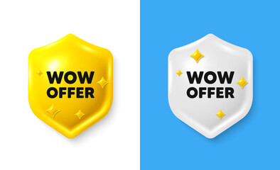 Wow offer tag. Shield 3d icon banner with text box. Special Sale price sign. Advertising Discounts symbol. Wow offer chat protect message. Shield speech bubble banner. Vector