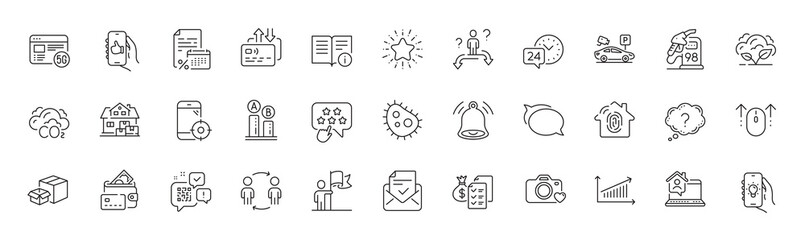 Electric app, Packing boxes and Approved mail line icons. Pack of Workflow, 24h service, Seo phone icon. Money, Calendar tax, Bacteria pictogram. Chart, Petrol station, Technical info. Vector