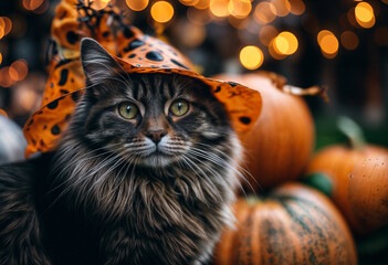 The image features a fluffy, long-haired gray cat wearing a black and orange cat hat.