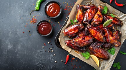 Grilled chicken wings with BBQ sauce, spices, and garnishes on dark background