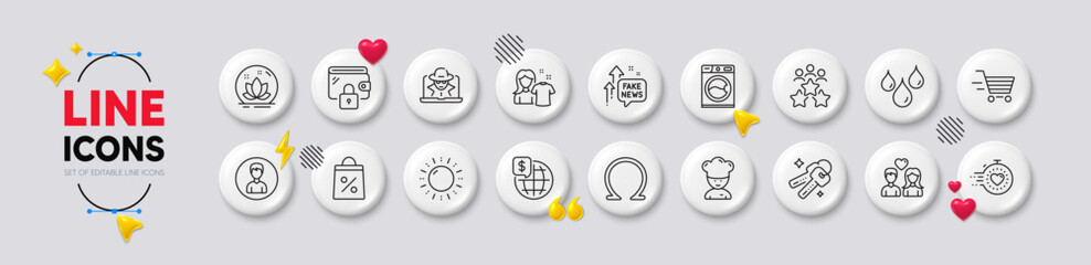 Waterproof, Timer and Omega line icons. White buttons 3d icons. Pack of Person, Cooking chef, Delivery shopping icon. Keys, Clean shirt, Washing machine pictogram. Vector