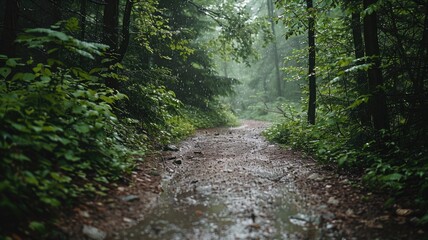 Obraz premium Rainy forest path surrounded by lush green foliage