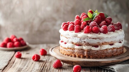 Delicious layered cake with fresh raspberries on rustic wooden table