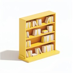 Yellow bookshelf with books on white background.