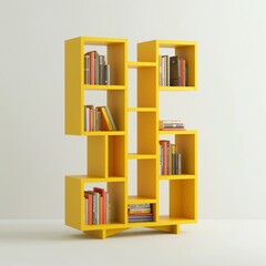 Fototapeta premium Modern yellow bookshelf with books on white background
