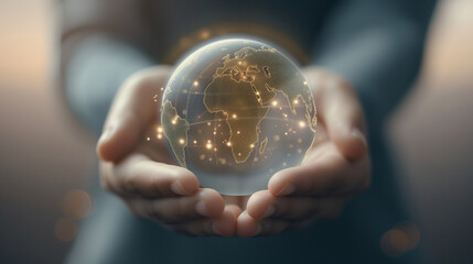 Businessman holding digital globe with connected dots, global network and technology concept, close-up of hands, international connections, modern business