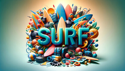 colorful poster on surfing motifs, depicting various surfing equipment