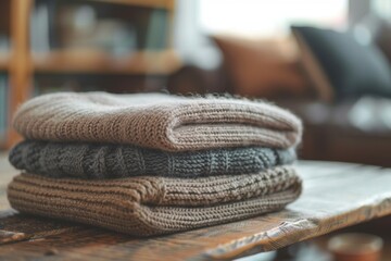 These are woolen sweaters folded and stacked on a wooden table, ready to be worn for warmth or style.