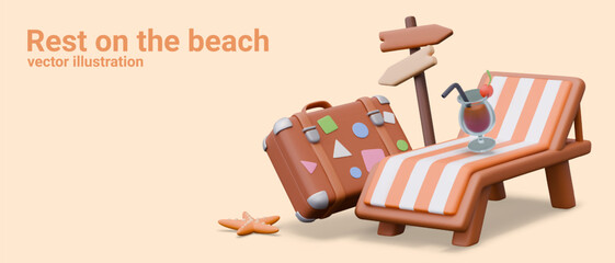 Rest on beach. Horizontal banner in 3D cartoon style