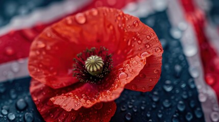 Red Poppy Pinned on to Suit Jacket close up at Remembrance Day