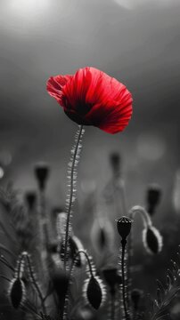A close-up of a red poppy flower on a black and white background, symbolizing Remembrance Day